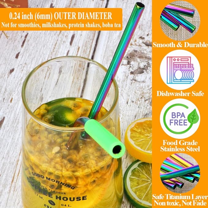 Lazycorner 16 Pcs Metal Straw Reusable 8.5" 10.5" 6mm Stainless Steel Straws for Tumblers 20oz-32oz, Rainbow Drinking Straws with Silicone Tips, 4 Straw Cleaner Brush, 1 Travel Case
