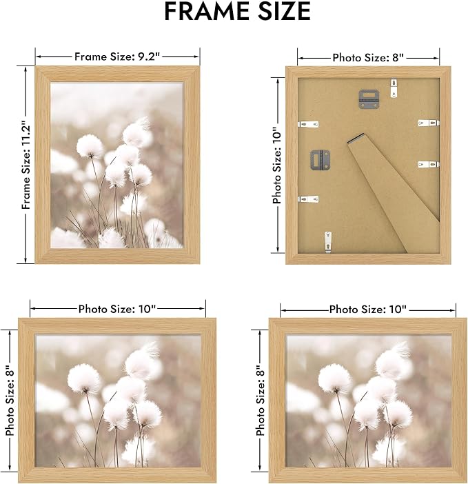 Hongkee 8x10 Oak Wood Picture Frame (1 Pack, Natural) with Real Glass Cover | 8 x 10 Solid Wood Frame for Wall or Tabletop Display - Includes Easel Back, Vertical Hang - Ideal for Home, Office