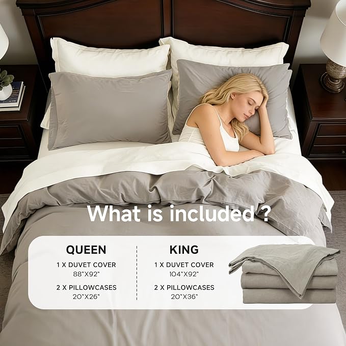 QKTE French Linen Duvet Cover Set, 3 PCS Natural French Flax Light Grey Duvet Cover Queen Size, Breathable Soft Comfy Linen Bedding Comforter Cover with 2 Pillowcases(Light Grey, 88" x 92")