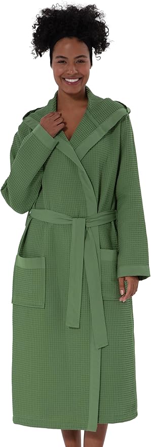 SEYANTE Women's Organic Cotton Waffle Kimono, Hooded Robe – GOTS Certified Lightweight Full-Length Spa Bathrobe with Piping