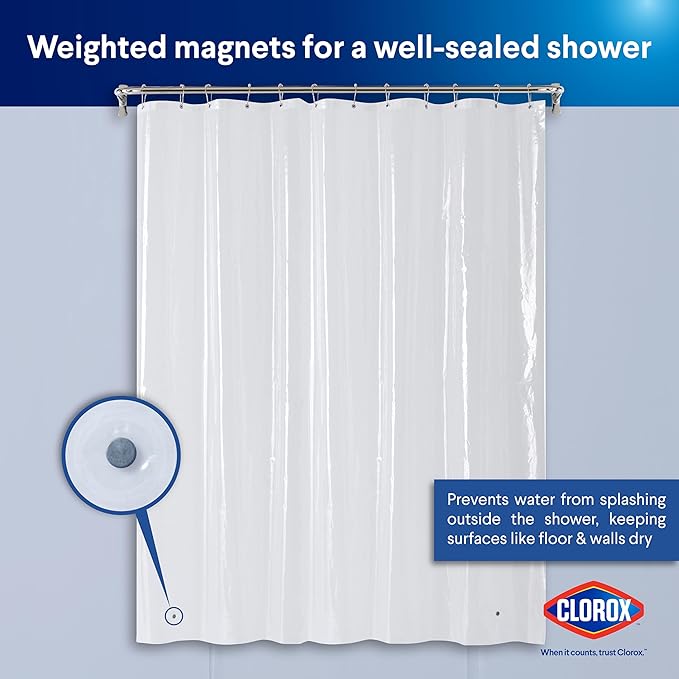 Clorox Shower Curtain Liner, Premium Medium-Weight Durable Waterproof 6g PEVA for Bathroom with Weighted Magnets, Standard Size 72" x 72", Clear 1 Pack