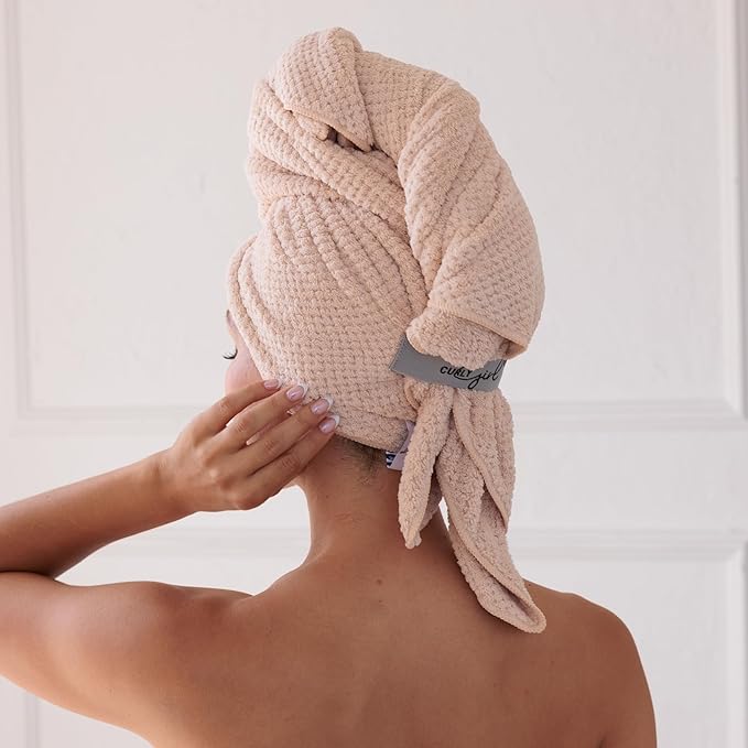 Curly Girl Microfiber Hair Towel Wrap for Women, 41" x 31" Large Quick Dry Hair Towel, Secure Fit with Elastic Strap, Anti-Frizz Hair Plopping Wrap for Long, Thick Hair