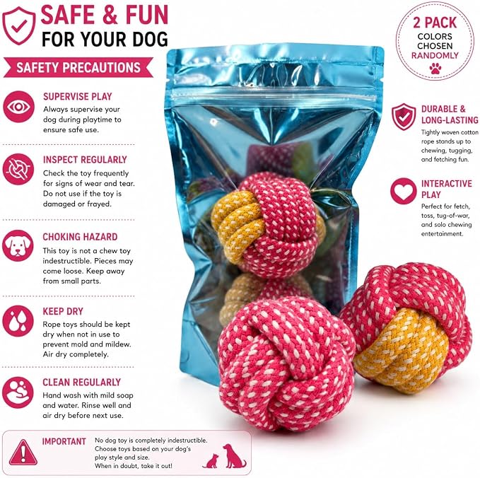 Cotton Rope Dog Ball Toy – Durable Braided Chew & Fetch Ball for Small to Medium Dogs – Natural Teeth Cleaning, Random Colors (Random Pink)