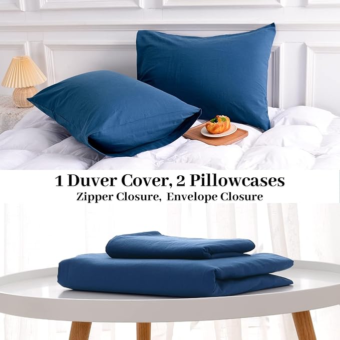 NEXHOME PRO Duvet Cover Set 100% Washed Cotton Oversized King 120"x98" Linen Feel Textured Organic 3 Pieces Bedding Set with Zipper Closure and Corner Ties, Breathable (Navy Blue, No Comforter)