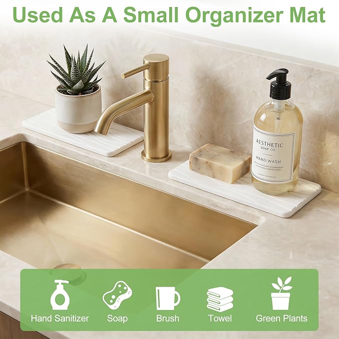 Water Absorbing Stone Tray for Bathroom Sink Stone Drying Mat for Kitchen Counter Diatomite Sink Soap Dispenser Trays Quick Dry Mat Kitchen Decor Diatomaceous Earth Vanity Tray Bathroom Accessories