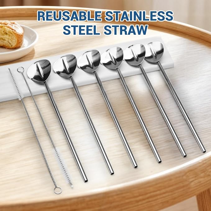 7.5 in Metal Spoon Straws, 6 Pcs Stainless Steel Spoon Straws Reusable, 2 in 1 Drinking Straw and Spoon, Straight Metal Straw with 2 Cleaning Brushes for Tea Coffee Milkshake Cocktail(Silver)