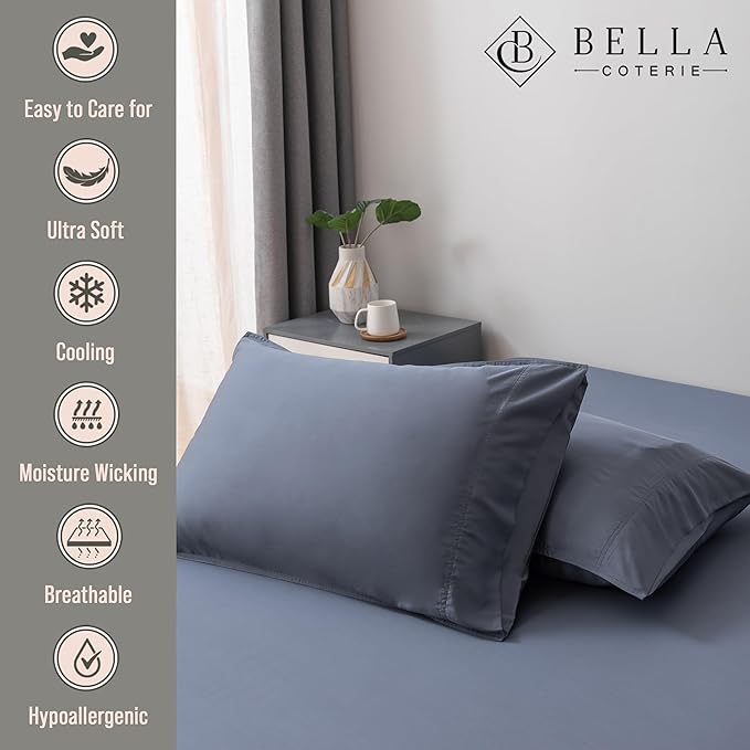 BELLA COTERIE | Luxury Bamboo Viscose Standard Size Pillowcase Set | 100% Organically Grown | Ultra Soft | Cooling | 2 Pcs [Slate Blue]