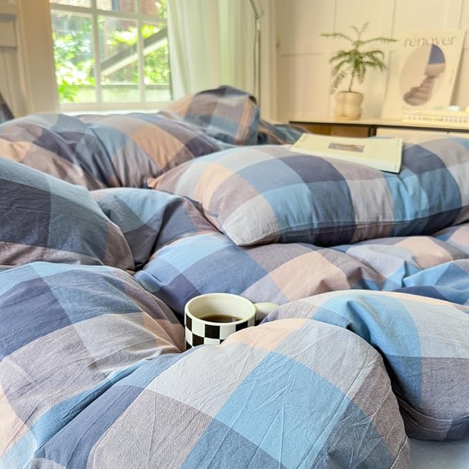 FACE TWO FACE Bedding Duvet Cover Set100% Washed Cotton Duvet Cover Linen Like Textured Breathable Durable Soft Comfy (Twin, Cardamom Blue Grid)