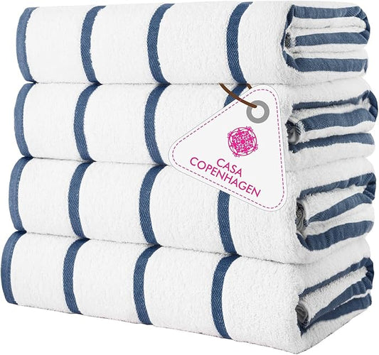 CASA COPENHAGEN Cabana Pool 4Pcs 100% Egyptian Cotton Large Designer Beach Towels Gift Set- White Navy, 500GSM, 55"x27", 4 Beach Bath Towels (Box Pack, Set for Women & Men)