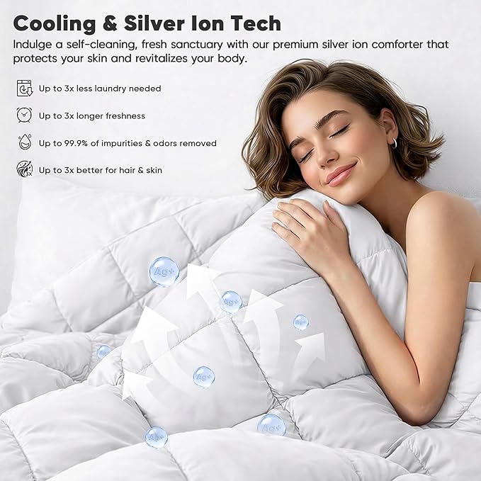 Cooling All-Season Down Alternative Comforter, Silver-Treated Lightweight Duvet Insert, Cool-to-The-Touch Bedding, 100% Bamboo Viscose Outer Cover - White, Queen