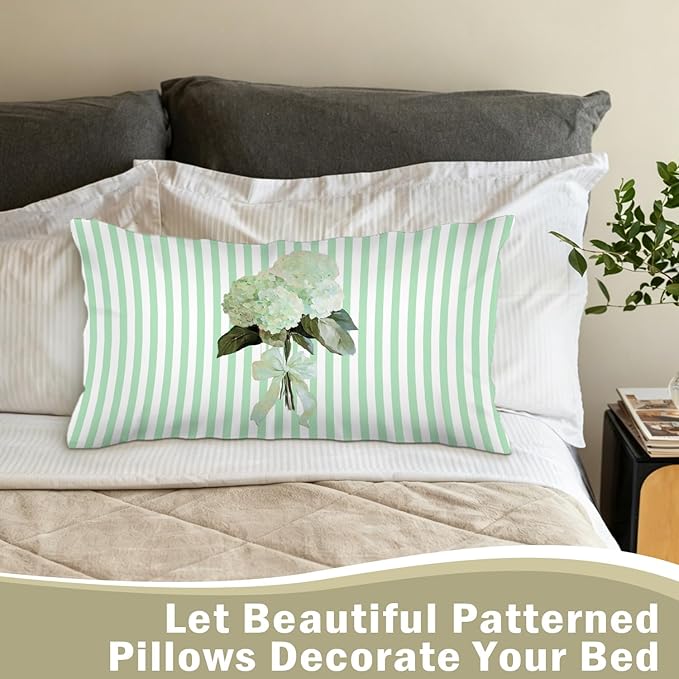 Cottagecore Mint Green Hydrangea Floral 12x20 Pillow Cover, Preppy Girly Bow Botanical Flower Green Striped Decorative Lumbar Pillow Cover for Girls Room Dorm Bedroom Living Room Home