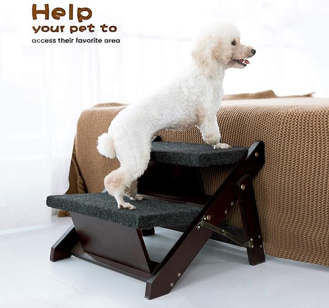 MEWANG Wooden Pet Stairs/Pet Steps - 2-in-1 Foldable Stairs & Ramp for Beds and Cars - Portable Dog/Cat Ladder Up to 220 Pounds - Great for Small and Older Animals(Brown) (17.3" L x 17.24" W x 13" H)