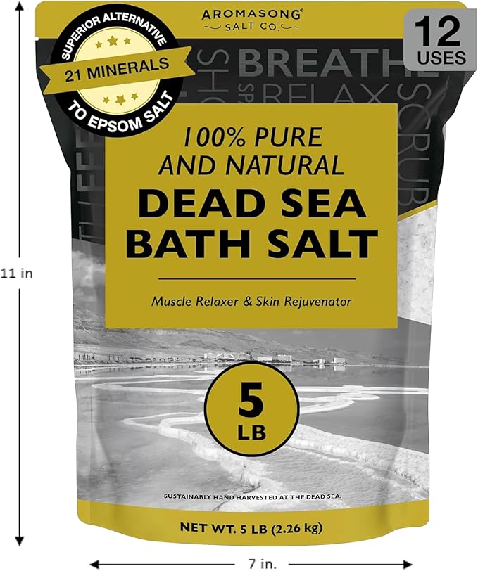 Aromasong Dead Sea Bath Salt - 100% Pure & Natural Dead Sea Salts for Soaking Fine Grain 5 LB - Bulk Resealable Pack - Used for Body wash Scrub - Soak for Women & Men.
