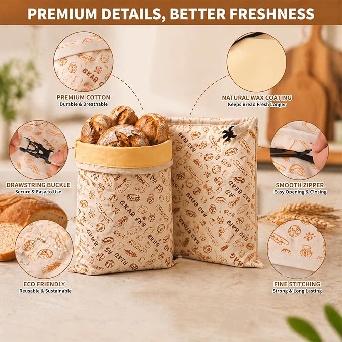 Reusable Beeswax Bread Bags for Sourdough, XL Eco-Friendly Fresh Food Storage (13x17in, 2 Pack). Natural Beeswax Food Wrap Bag, Bread Keeper for Homemade Bread, Eco Friendly Kitchen Storage