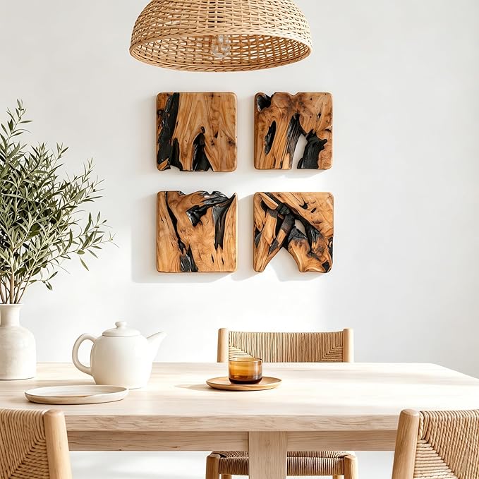 BOTALEGRE 4-Piece Natural Cedar Wood Wall Art Set, Handcrafted Rustic Abstract Wall Decor, Unique Cedar Root Wooden Wall Hanging for Home Living Room Bedroom Office