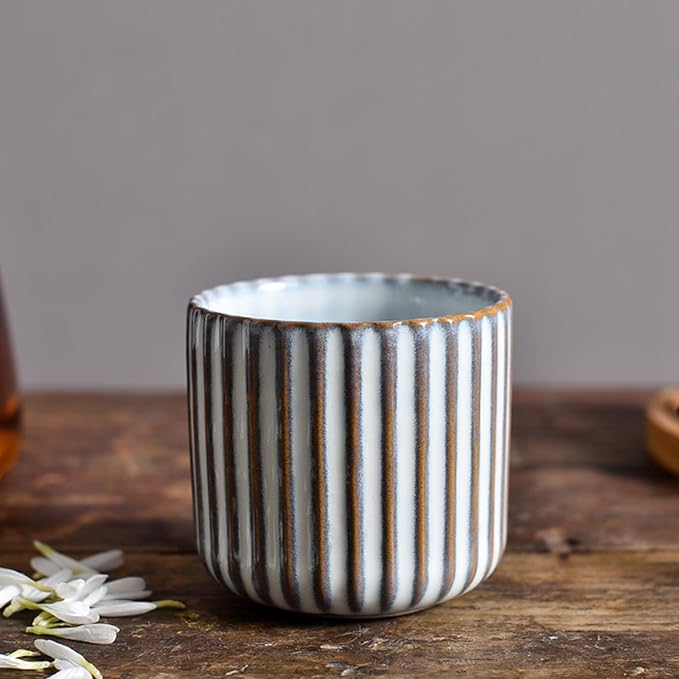 Vintage Ceramic Mug, Japanese Tea Cup 6oz Striped Cup No Handle Drinking Cup for Espresso, Cortado, Matcha, Green Tea, Microwave and Dishwasher Safe, Kiln Transformation Cup (White)