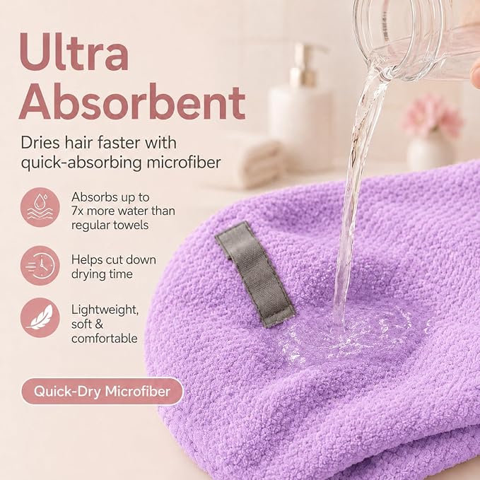 Large Hair Towel Wrap for Women, Quick-Dry Turban, Ultra Absorbent & Anti-Frizz, Ideal for Long, Thick & Curly Hair, Soft Lightweight Microfiber Drying Towel (24x42, Purple)