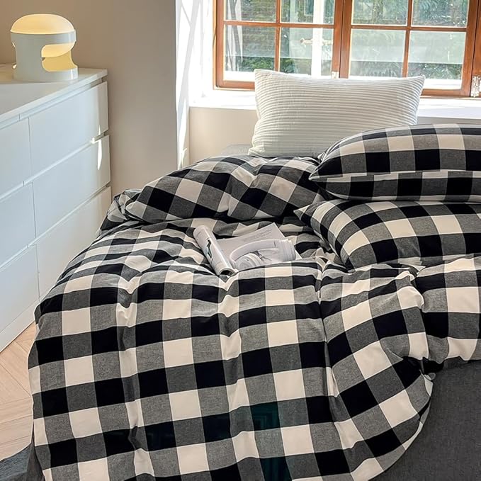 FACE TWO FACE Bedding Duvet Cover Set100% Washed Cotton Duvet Cover Linen Like Textured Breathable Durable Soft Comfy (Queen, Black and White Grid)