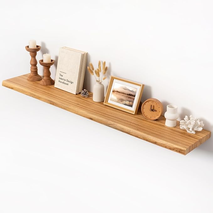 55" Live Edge Floating Shelf, Solid Elm Wood Wall Shelf | 1.4" Thick, 9.3" Deep, 50 lb Load Capacity, FSC Certified Solid Elm Display Shelf for Living Room, Bedroom, Kitchen & Office