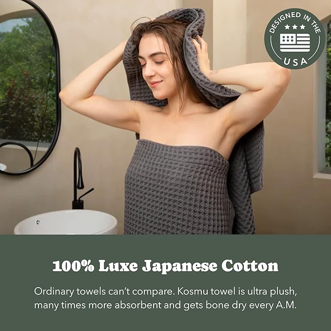 Luxury Organic Japanese Cotton Waffle Bath Towel | Thick, Absorbent, Quick Dry Bathroom Towels for Shower, Sauna, Onsen| Hotel & Spa Quality, Gift-Ready (Smoke Grey, Bath Towel Set (3-Piece))