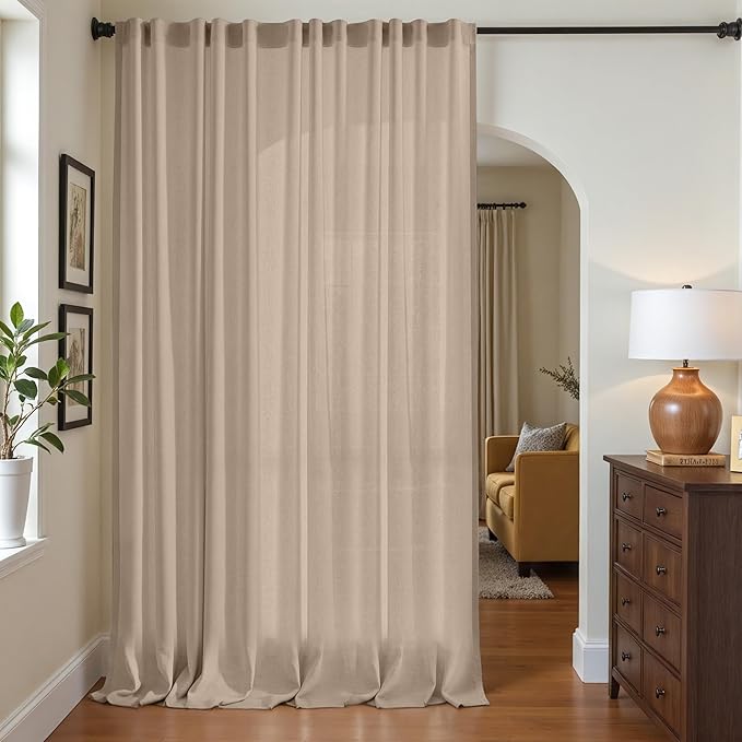 jinchan Extra Wide Sliding Door Curtain 120 Inch Length Taupe Linen Curtains Semi Sheer Drapes for Patio Door Living Room Bedroom Floor to Ceiling Light Filtering Drapes 100 Inches Wide 1 Panel