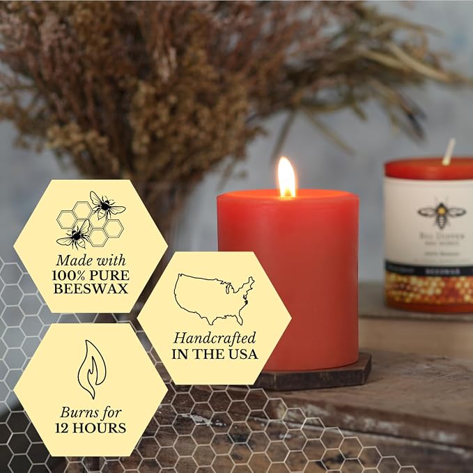Big Dipper Wax Works Pumpkin Orange Pillar Candle, 40-Hour Long Burn, Pure Beeswax Candle, 2" x 4.75”