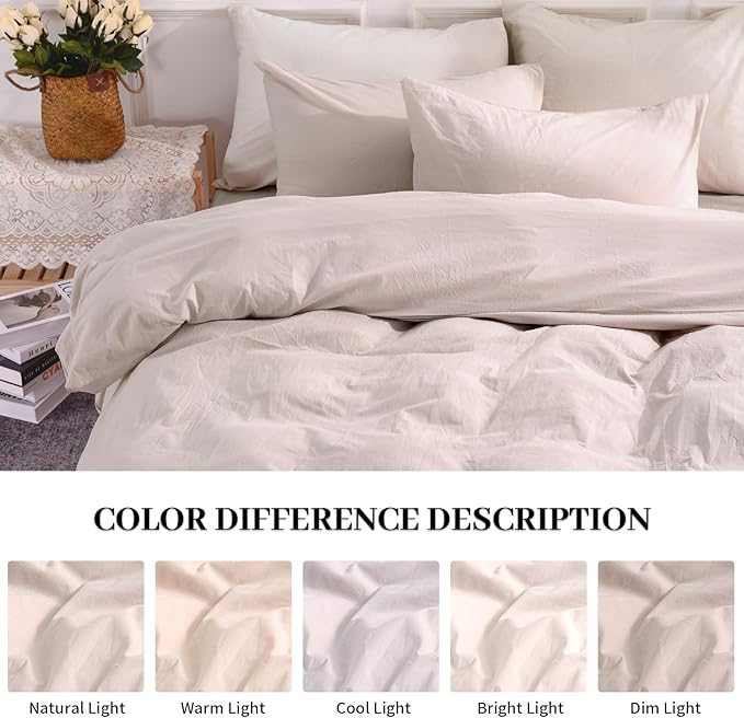 NEXHOME PRO Duvet Cover Set Queen Size Linen Look Textured Organic Natural 100% Washed Cotton Duvet Cover Greyish Light Pink 3 Pieces Bedding Set with Zipper Closure, Breathable (No Comforter)
