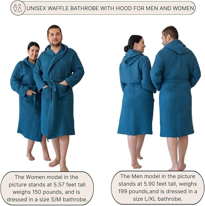 Unisex Hooded Waffle Robe for Women & Men 100% Turkish Cotton | Quick-Dry Bathrobe | Cozy Housecoat for Lounging