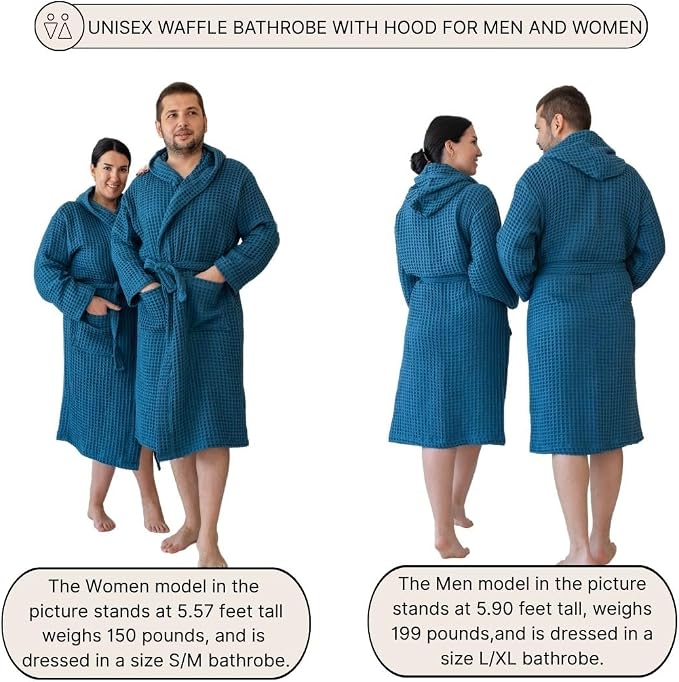 Unisex Hooded Waffle Robe for Women & Men 100% Turkish Cotton | Quick-Dry Bathrobe | Cozy Housecoat for Lounging