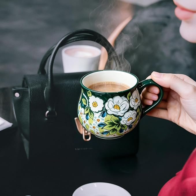 ALMA 12oz Handmade Floral Ceramic Coffee Mug | Microwave & Dishwasher Safe, Dining & Espresso Use, Travel Friendly, Vintage Rustic Lovers, Gift for Daughters