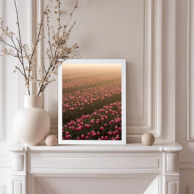 Monem Art Golden Tulip Field Sunset Photography Print - Romantic Spring Landscape Art Poster - Wall Decor for Living Room, Bedroom or Office - 8x10 White Framed Wall Art by Mareike Bohmer