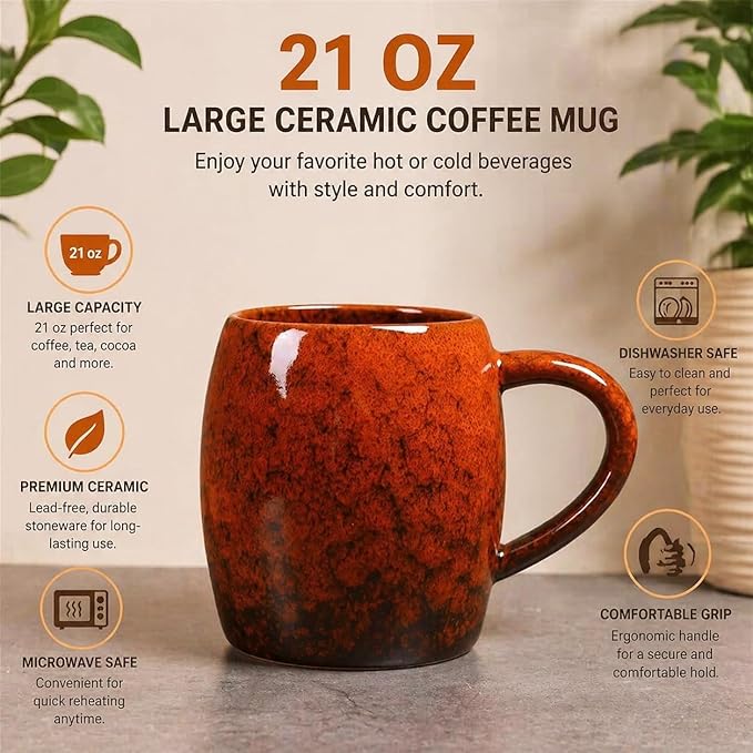 21oz Large Handmade ceramic Mug, Big Ceramic Tea Cup, Durable and Heavy Microwave and Dishwasher Safe Pottery Coffee Mug with Handle, Reactive Glaze Stoneware Clay coffee mug (Reddish Orange)