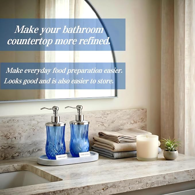 2 Pack 9 Oz Glass Soap Dispenser with Stainless Steel Pump, Blue Round Textured Refillable Soap Dispenser with Vertical Fluting for Lotion, Hand Soap, Body Wash, Kitchen Bathroom Counter Organizer