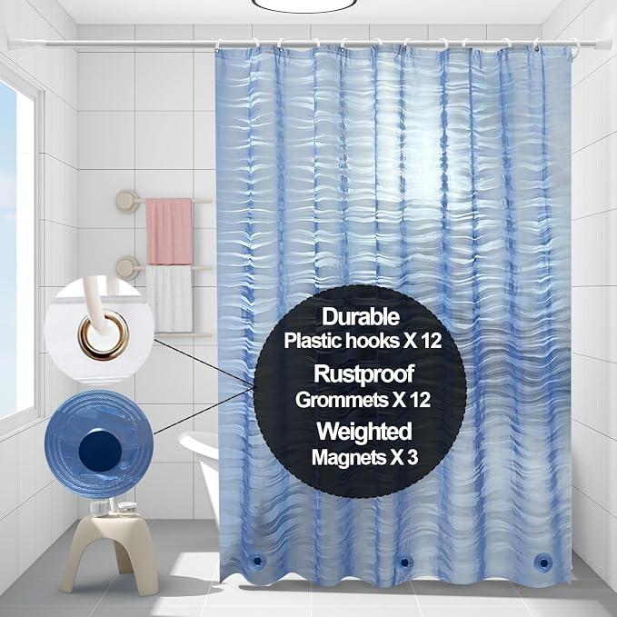 Plastic Shower Liner - Premium EVA 4G Shower Curtain Liner with Rustproof Grommets and 3 Weighted Magnets, Waterproof Shower Curtains for Bathroom (Ripple)