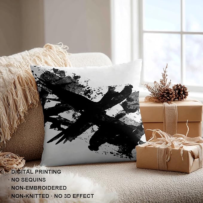 Shrahala Ink Black Hand Painted Decorative Throw Pillow Cover, Graphic White Brush Stroke Square Pillowcase Blended Double-Sided No Inserts for Bedroom Living Room Set of 2 (20 X 20 in)