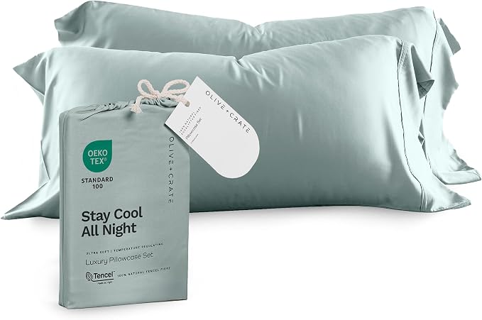 Olive + Crate Tencel Eucalyptus Pillowcases - 100% Tencel Lyocell Cooling Pillow Cases for Hot Sleepers - Hypoallergenic, Moisture-Wicking, Silk Alternative, Vegan, Standard Size Set of 2 [Eucalyptus]