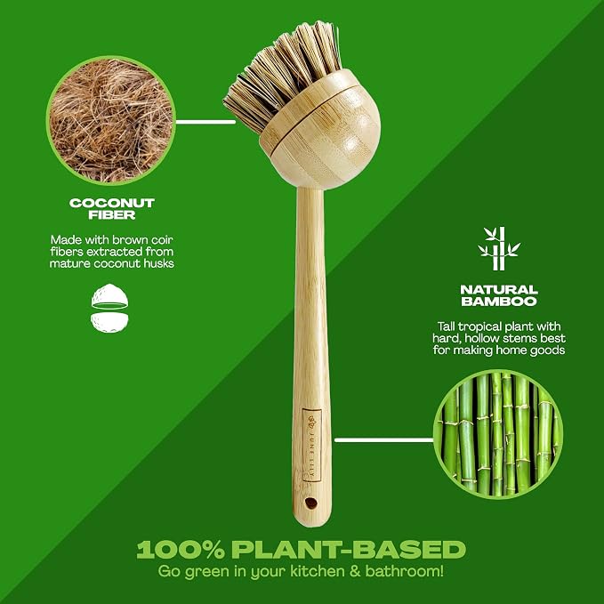 JuneLily Long Coconut Dish Brush Plant-Based Vegan for Kitchen Bathroom Cleaning Produce Washing Dishes (Long Dish Brush)