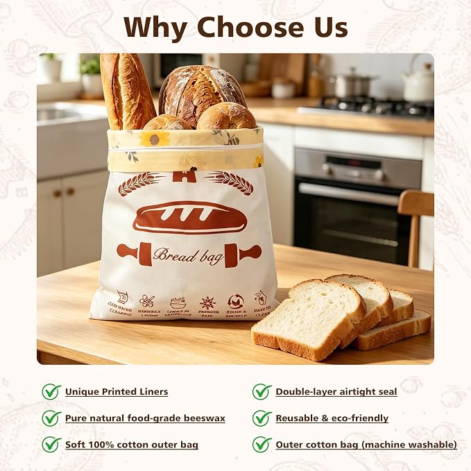 Beeswax Bread Bags with Dual Seal Removable Liner for Homemade Sourdough | 2 Pack XL reusable organic cotton bags with removable easy‑clean printed liner, zipper & hook‑loop seals to keep loaves fresh