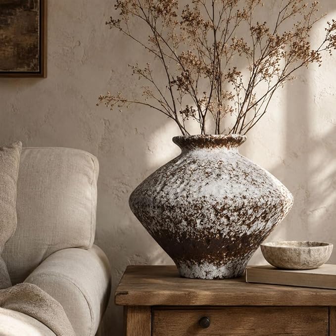 Wabi Sabi Rusty Vintage Vase, 11.4" Tall Wabi Sabi Decor Rustic Farmhouse Pottery Vase for Centerpiece, Textured Pottery Flower Vases for Home Decorative, Table, Living Room (Rusty White, Large)