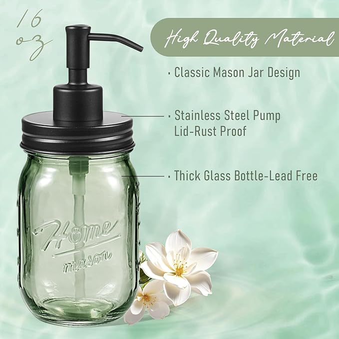 SheeChung Mason Jar Green Glass Soap Dispenser, Stainless Steel Pump, Refillable Dish soap Dispenser for Kitchen, 16Oz Bathroom Hand Soap Dispenser for Lotion, Liquid, Farmhouse Decor-Black, 1 Pack