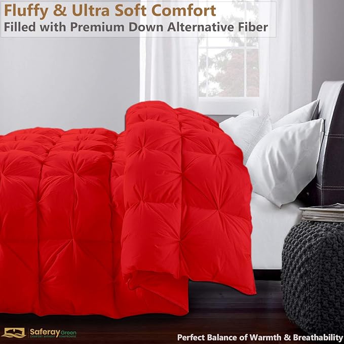 Queen/Full XL Down Alternative Comforter 88x92 Inch Red – 500 GSM Ultra Soft Breathable, Luxury Pintuck Pinch Pleat, All Season Duvet Insert with Corner Tabs, Machine Washable