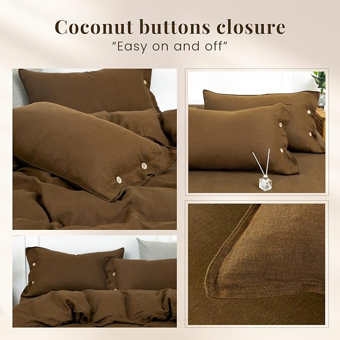 S VICTORY SYMBOL Pure Linen Duvet Cover Set 3pcs,Natural French Washed Flax Solid Color Breathable(1 Duvet Cover and 2 Pillowcases) with Coconut Buttons Closure(Full,Pinecone Brown)