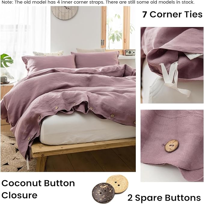 Simple&Opulence 100% Linen Duvet Cover Set 3pcs with Coconut Button Closure Natural French Washed Flax Solid Color Soft Breathable Farmhouse Bedding - Purple, King Size