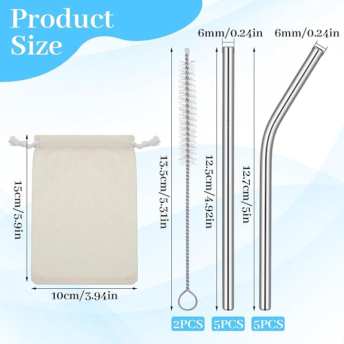 Ymapinc 10 Pack Short Metal Straws, Straight & Bent Stainless Steel Reusable Straws with 2 Cleaning Brush for Coffee Mugs, Juice Cups, Glasses
