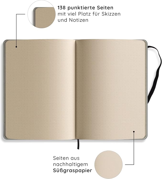 Sustainable A5 Notebook/Journal/Bullet Journal/Writing Book/Notebook Made of Sweetgrass Paper - Nari Colour: Bamboo Green (Dotted)