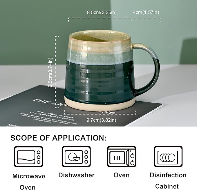 fMBB Ceramic Coffee Mug, 13 oz, Big Tea Cup, Reactive Glaze Shiny and Matte Surface Rich Colored Pottery Mugs, Wide Bottom Coffee Mug for Tea, Latte, Hot Chocolate, Home Decor, Green Tone