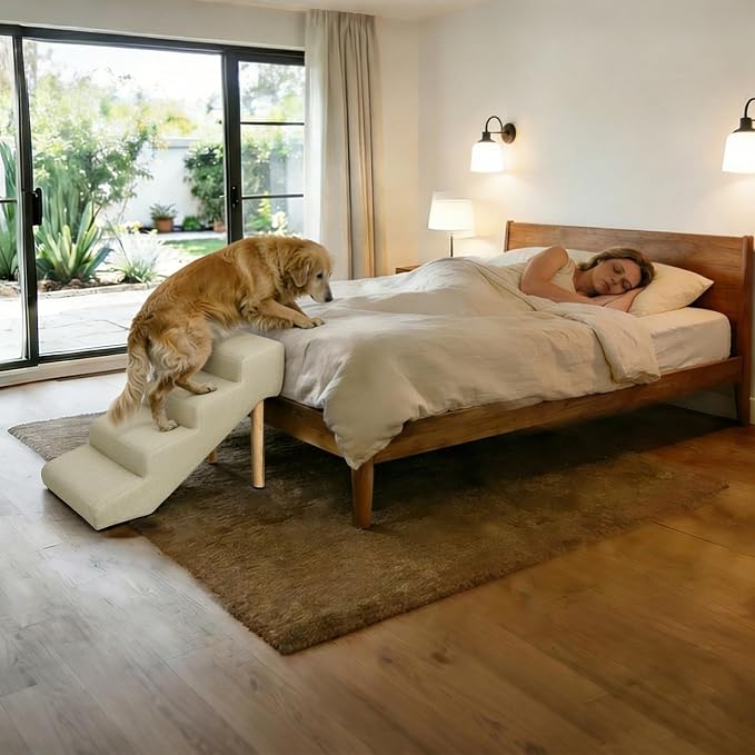 4-Step 18" H Dog Stairs for Bed Couch, Waterproof & Scratch PU Leather Pet Steps for Small Senior Dogs and Cats, Dog Ramp with 220 lbs Maximum, Oak Leg & Solid Wood, Non-Slip Feet, Cream