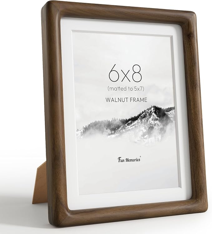 6x8 Picture Frame, USA-Sourced Walnut Wood Photo Frames with HD Tempered Glass, Display Photo 5x7 with Mat or 6x8 Without Mat, 5x7 Frame for Tabletop or Wall Display, Walnut Color, 1 Pack