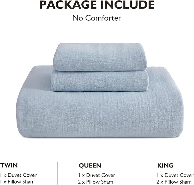 EMME Muslin Cotton Duvet Cover Set Queen Size Linen Like Soft Breathable Lightweight Summer Comforter Cover Set with Zipper Closure (Blue, Queen, 90"x90")