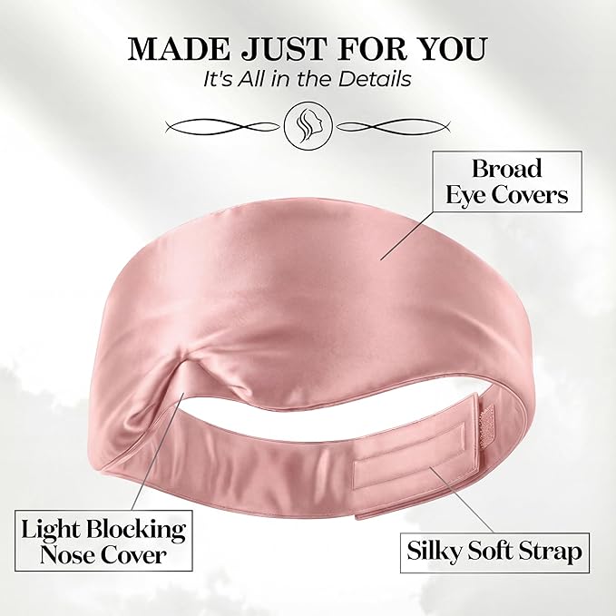 SLEEP SANCTUARY 100% Pure Mulberry Silk Sleep Mask - 22 Momme Light Blocking Hook & Loop Silk Eye Mask for Sleeping - Secure Fit for Side Sleepers, Women & Men - Cloud Soft (Pink)